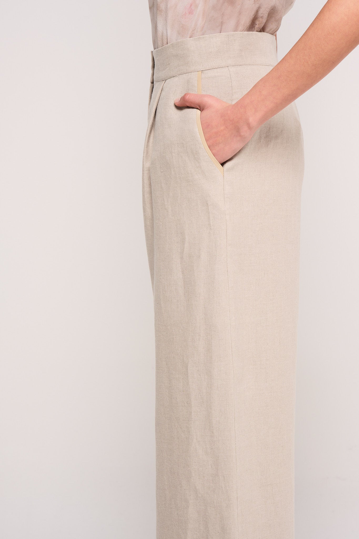 Natural linen and purple plum silk tailored trousers