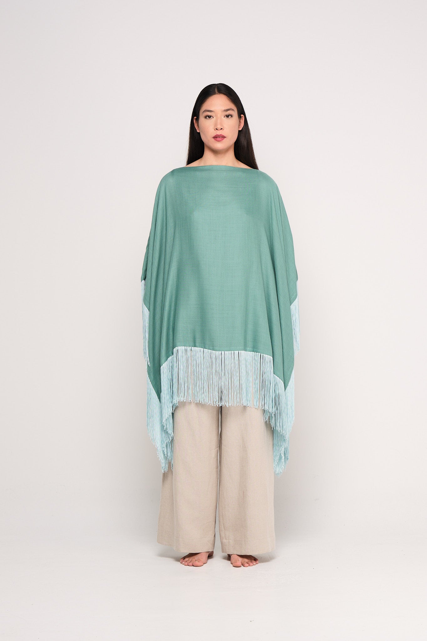 Green wool fringed muslin cape