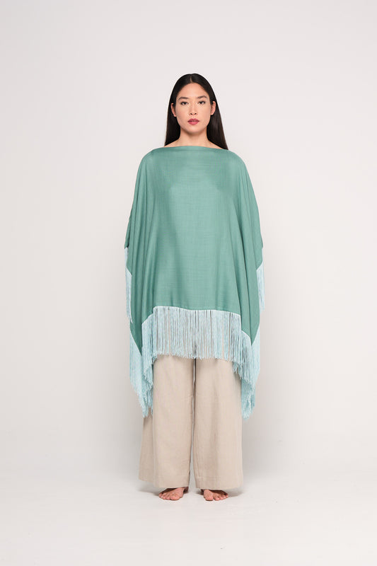 Green wool fringed muslin cape