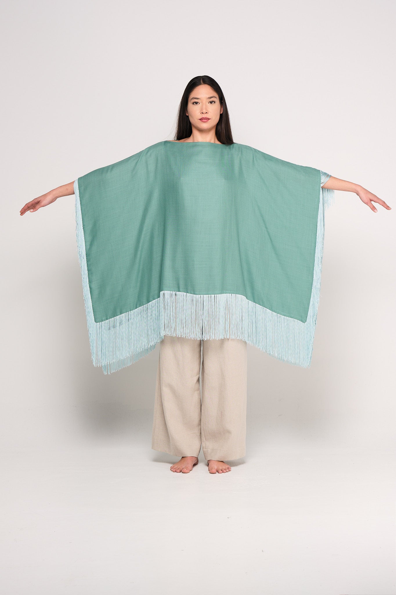 Green wool fringed muslin cape