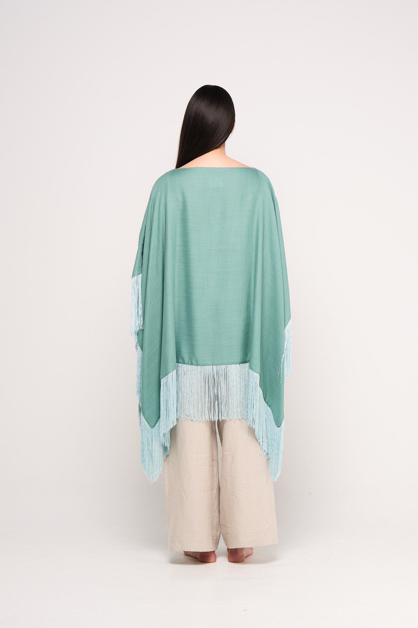 Green wool fringed muslin cape